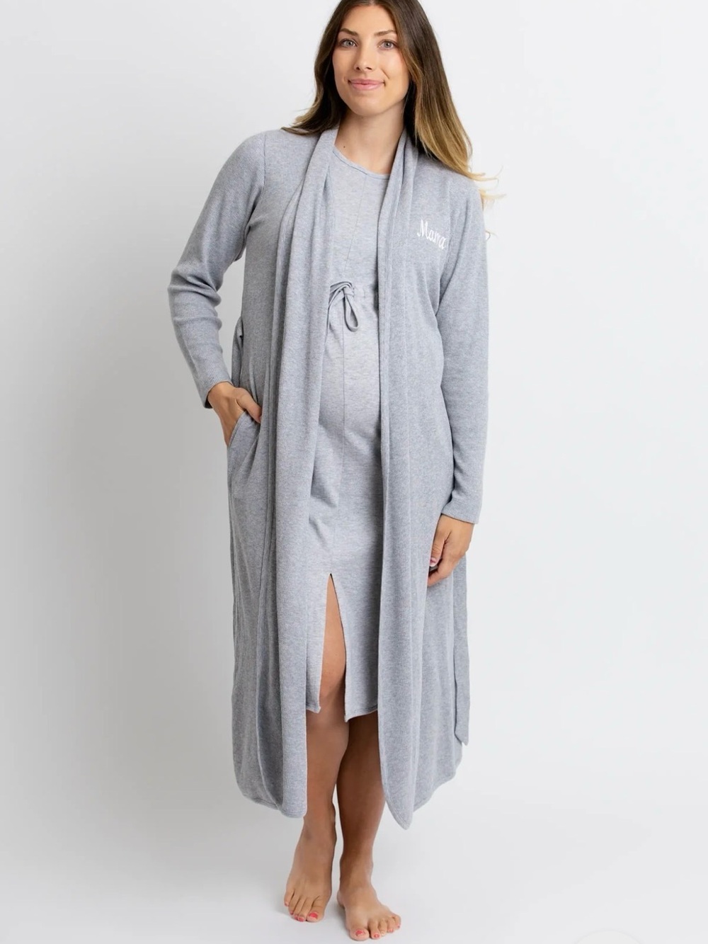 Monica + Andy Cozy Gray Long Robe with Tie Belt